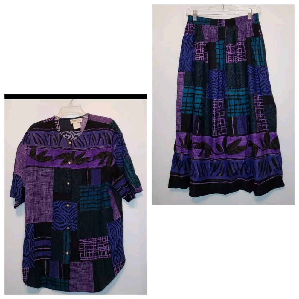 Vtg California Connection Women's L Two Piece Outfit Skirt Blouse Purple Rayon